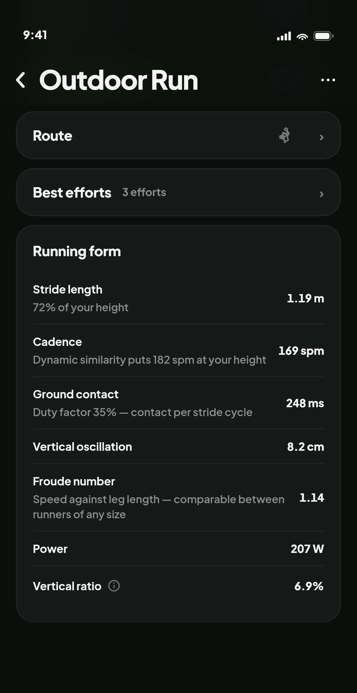 Running form — stride, cadence, ground contact and power